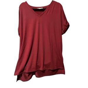 Zenana Women's Burgundy Short V-Neck Tee w/Cuffed Short Sleeve - L
